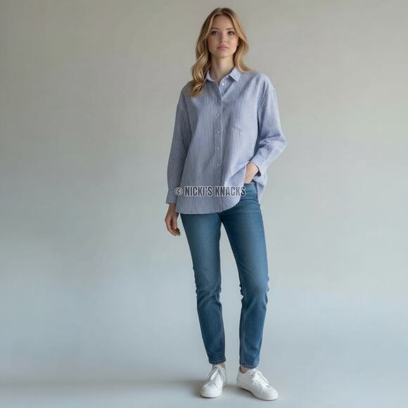 GAP Blue White Striped Linen Blend Oversized Button Down Big Shirt Top Size S - Picture 8 of 9